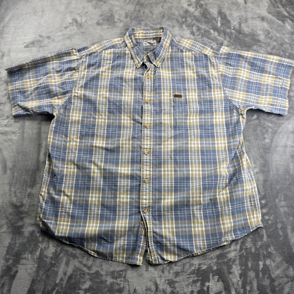 Carhartt Button Down‎ Shirt Mens 2XL Blue Tan Plaid Short Sleeve Cotton Pocket